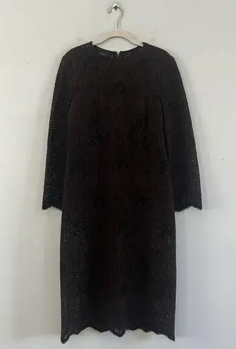 Akris Brown Silk Blend Long Sleeve Leaves Knit Crochet Shift Dress