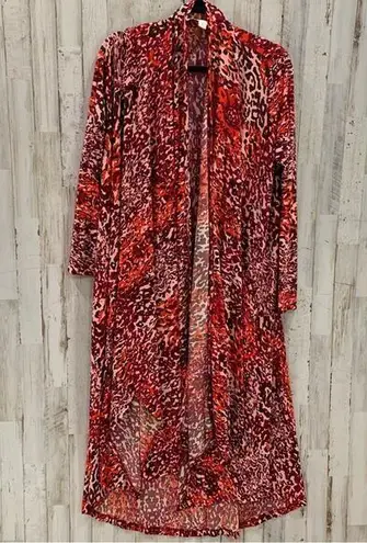 Badgley Mischka American Glamour Red Leopard Print Long Duster Cardigan