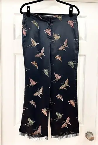 Vintage Black Satin Butterfly Embroidered Beaded Fringe high Waist Pant Size 6