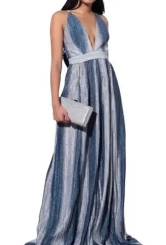 Luxxel  Plunging Halter V-Neck Striped Sparkly Maxi Dress in Silver/Blue