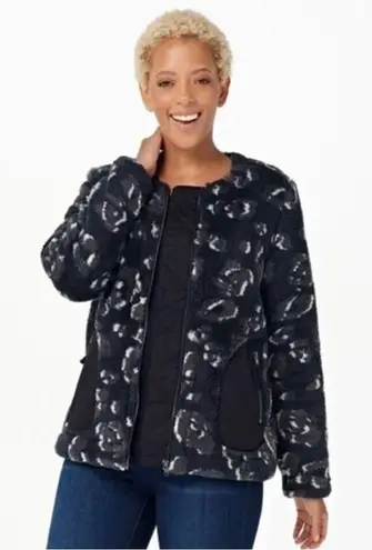 LOGO By Lori Goldstein Jacket Women Fleece Leopard Print Zip Cozy Sweater, L