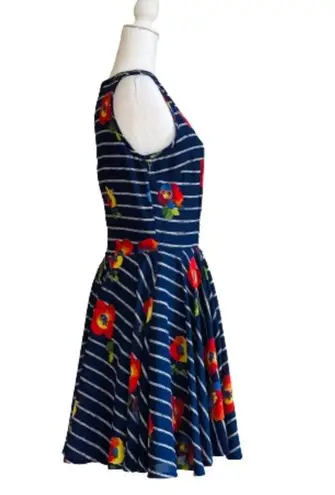 Maison Jules Dress Blue Red Floral Striped Sleeveless Skater Fit & Flare Medium