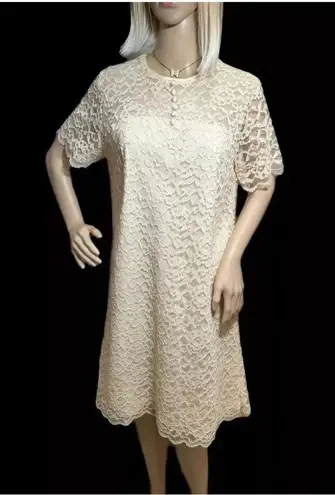 Vintage 60s Ivory Lace MOD Short Sleeve Dress Sz Small Summer Knee Length