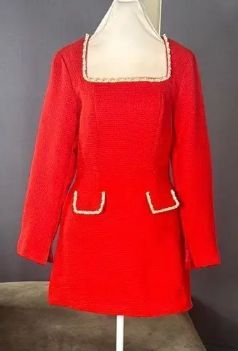 Women’s Short Red Dress Square Neck Faux Pearl