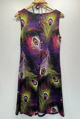 Peacock Feather Sleeveless Shift Dress with Embellished Neckline Size Medium