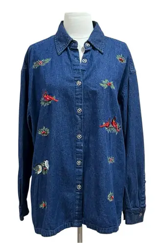 Company One Denim Shirt With Embroidered Cardinals, Holly, & Chickadees Size 1X Blue