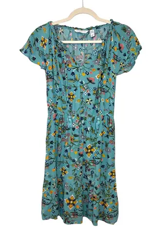 Canyon Retreat Turquoise Floral Midi Dress Boho Split Neck Flutter Sleeve XXS Blue