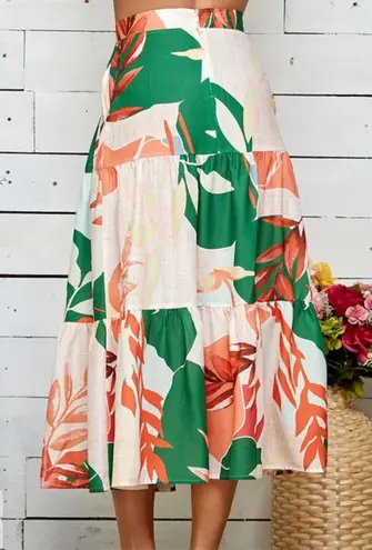 Sweet Lemon Womens Floral Tiered Midi Skirt Multicolor Size Large NWT Pink