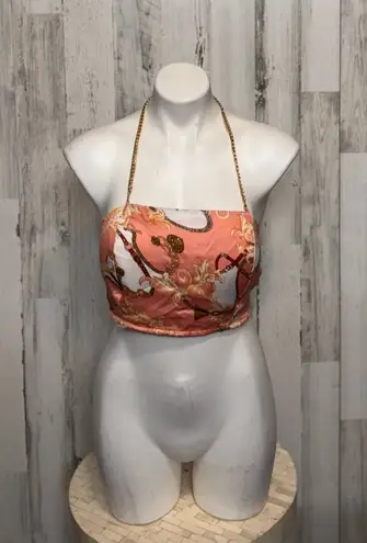 Penelope Boutique Satin Chain Halter Crop Top Pink Baroque Scarf Tie Back – Size Orange Size M