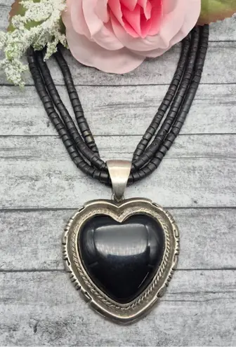 None Multi Strand Bead Necklace Silver Tone Black Large Heart Pendant Whimsigoth