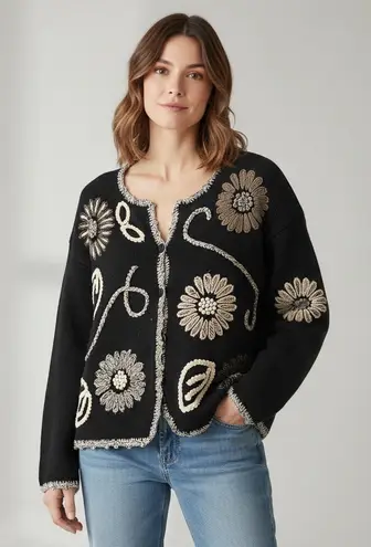 Sigrid Olsen Vintage  Black Cardigan with Cream Floral Design - Image 1