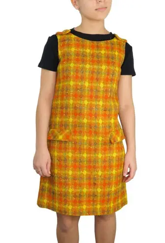 1970s Vintage Handmade Retro Plaid Orange Yellow Overall Dress Mini Dress Small Size M