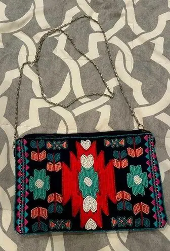 Steven Alan STEVEN Beaded Aztec Front Blue Pink Clutch Zip Purse