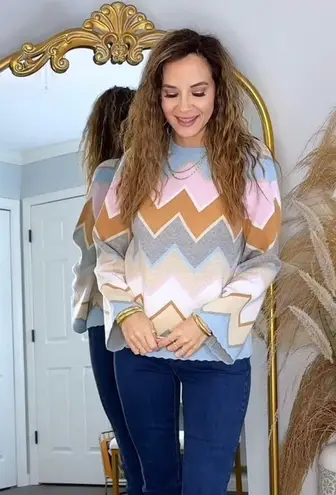 NWT CHARLIE B Blue and Pink Crew Neck Sweater