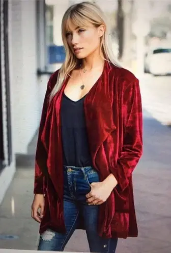 New Amaryllis Velvet Drape Open Front Oversized Burgundy Cardigan Size Medium Red
