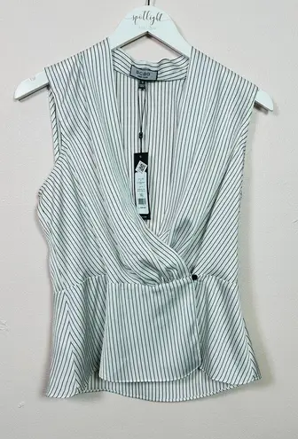 BCBG White and Navy Sleeveless Pinstripe Wrap Top, Size Small