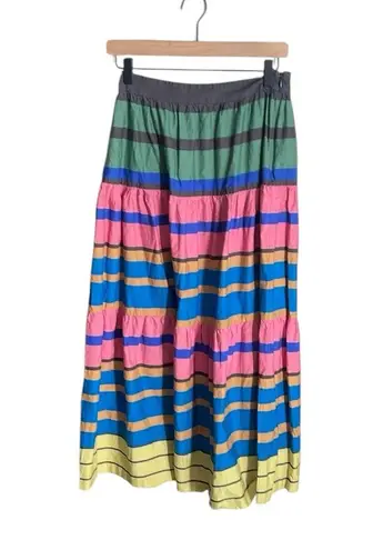 STAUD Sea Tiered Striped Stretch cotton Midi Skirt Multi Formentera Stripe