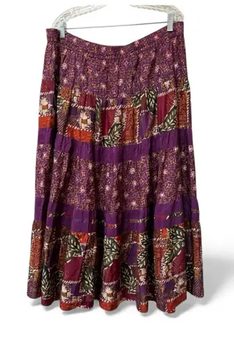 Vintage 90s Carole Little Silk Boho Patchwork Skirt 14W Purple