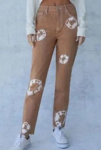 PacSun  Mom jeans high rise tan with white tie dye circles 28