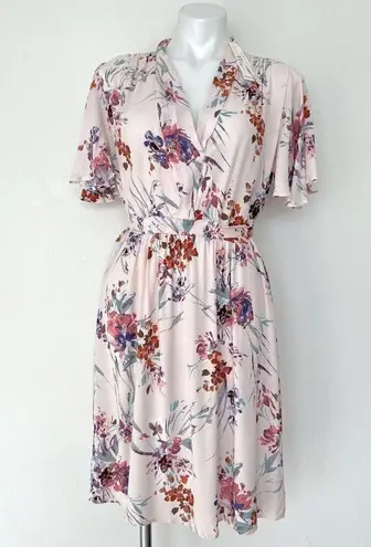 Lovestitch floral midi dress SMALL tie back short flutter sleeves Pockets pink