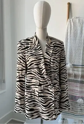 ZARA  Zebra Animal Print Beige Black Satin Double-Breasted Oversized Blazer Small