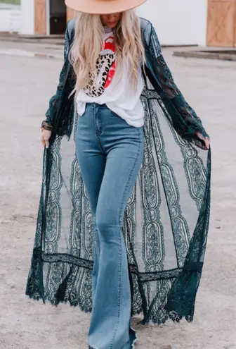 Women’s Lace Tie Front Maxi Kimono in Teal OSFM NWT Green Size undefined