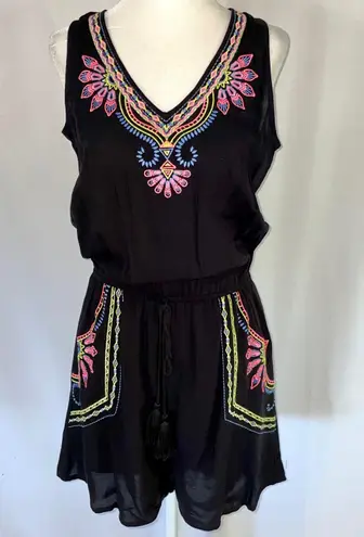 cupio New  Neon Embroidered Tie Back Romper V-Neck Sleeveless Black Multi