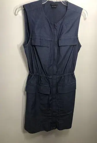 Theory  Mini Dress Size Medium Blue Chambray Cotton Front Zip Safari