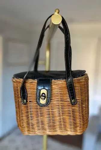 Vintage Wicker Basket Purse with Black Faux Croc Leather Trim & Gingham Lining Brown