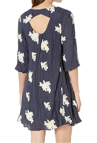 ECI NEW New York Boho Shift Dress 3/4 Sleeve Floral Embroidered Blue Large