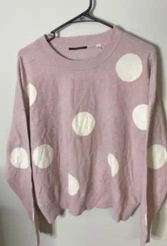 Tahari Sweater Crew Neck Pullover Pink Blush Polka Dot White L/S Women’s Medium