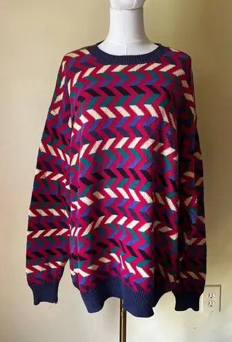 Vintage 90s Zig Zag Sweater Hand Loomed Red Blue 100% Cotton Crewneck Large