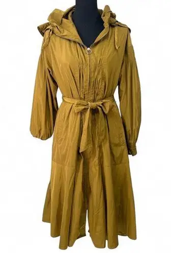 O'2nd L 10/12 Pleated Trench Jacket Coat Belted Hooded Flare Skirt Luxury Green Size L