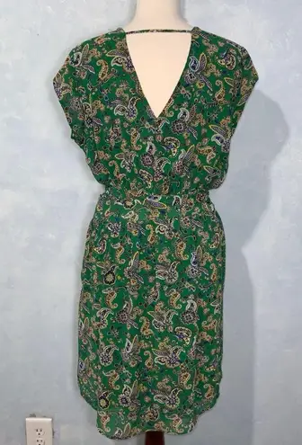 DR2 Green & Blue Paisley Short Sleeve Double V Above Knee Casual Chiffon Dress L Size L