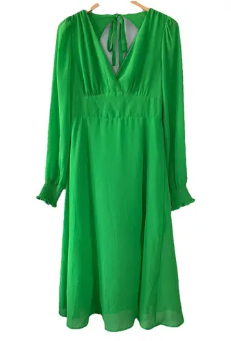 MELLODAY NWT Green Midi Dress M Smocked Cuffs Tie Back Cottagecore Romantic