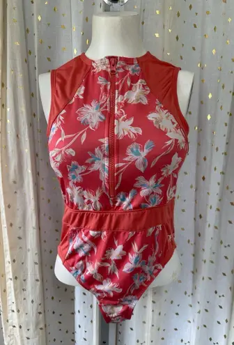 Ocean Pacific OP Sporty Open Back Zip Up Chest Floral One Piece Swimsuit S