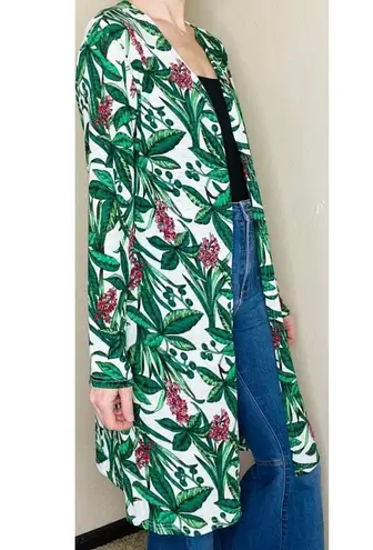 Periwinkle Green Leaf Floral Tropical Printed Long Open Cardigan