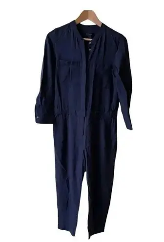 J Crew Women Navy Drapery Oxford Jumpsuit Long Sleeve Elastic Waist SZ 2 Blue