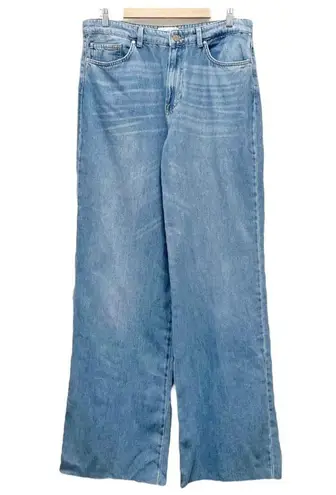Stradivarius Super Wide Leg High Rise Slouchy Jeans Medium Wash Raw Hem Size 14