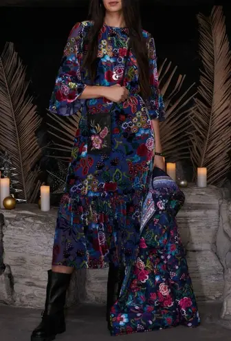 Johnny Was burnout velvet Floral Midi Dress NEW