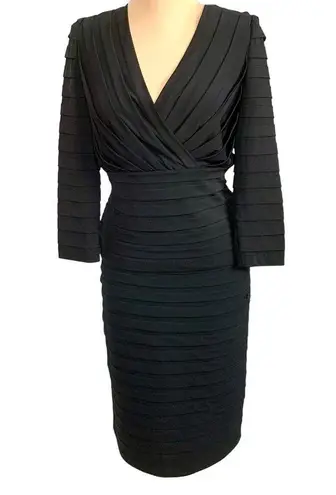 Tadashi Shoji 2-PC Pleated V-Neck Black Skirt Top M Stretch Pleated 3/4 Sleeve