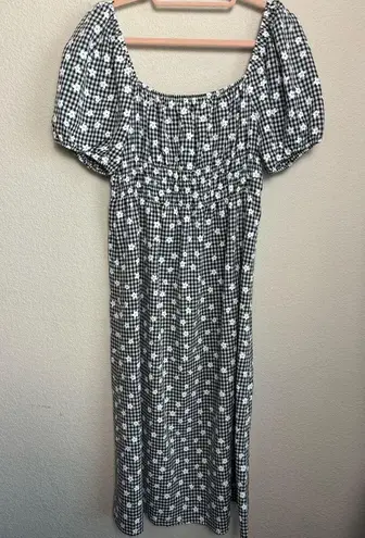 Sophie Rue Puff Sleeve Smocked Waist 90s Gingham Daisy Print Midi Dress S