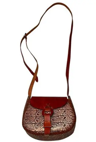 Hand Tooled Brown Leather Saddlebag Crossbody Purse