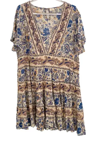 BILA Women's XL Midi Multicolor Boho Paisley Tiered Sundress Casual Beachy Dress Blue