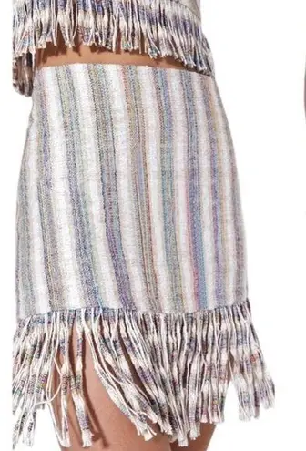 Alexis Vichy Silk Blend Textured Stripe Skirt with Fringe Hem In Neutral Size S