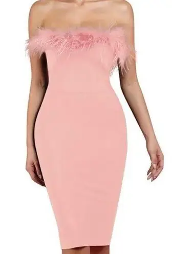 Pink Strapless Bodycon Fuzzy Feather Top Event Dress Knee Length Sexy