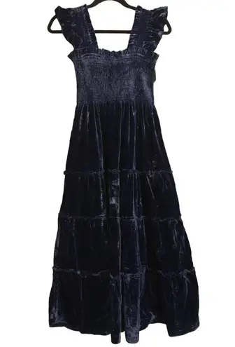 Hill House The Ellie Nap Dress Navy Velvet A-line Smock Ruffles Tier Midi S New