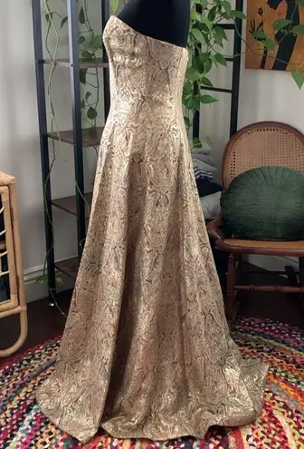 Vintage Victor Costa for Neiman Marcus Gold Damask Strapless Maxi Gown Dress Size 6