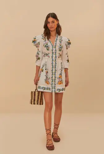 Farm Rio Anthropologie White Sweet Bloom Dreamscape Puff-Sleeve Mini Dress