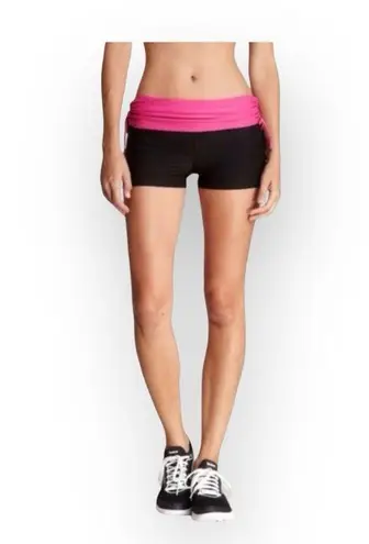 new Marika Tek Pisces Scrunch Tie Waist Yoga Short Black + Fuchsia Large